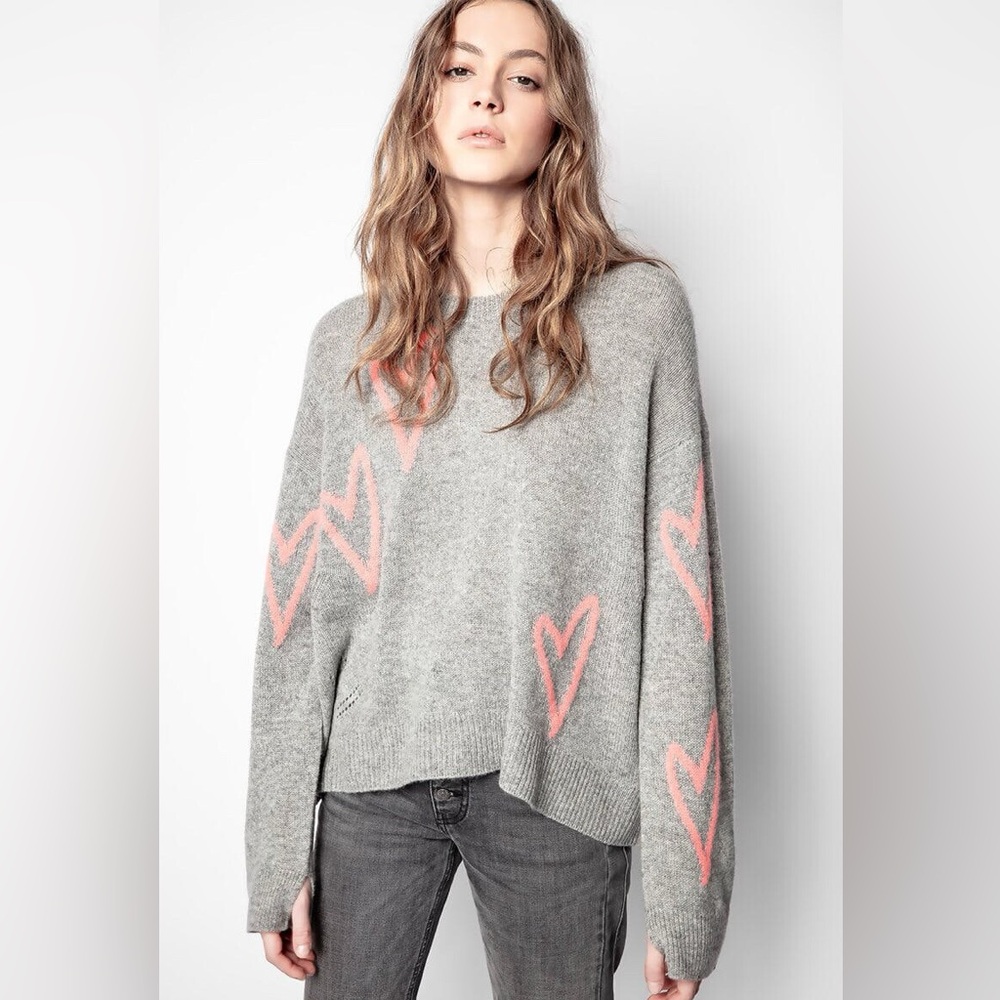 Zadig & Voltaire Markus 100% Cashmere Gray Sweater with Pink Hearts